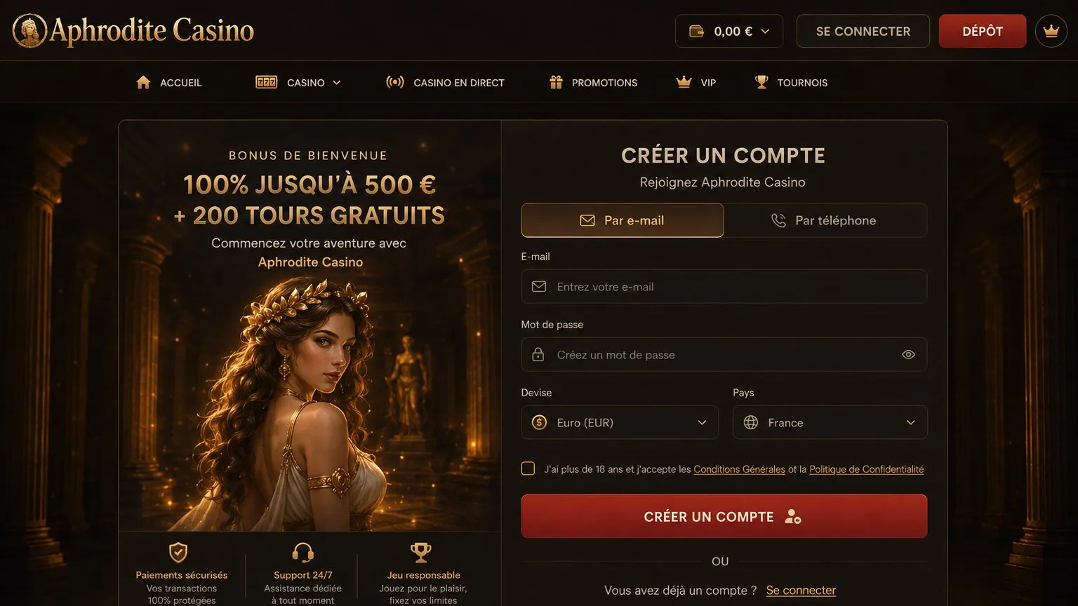 Aphrodite Casino login – accès au compte via les onglets connexion et inscription