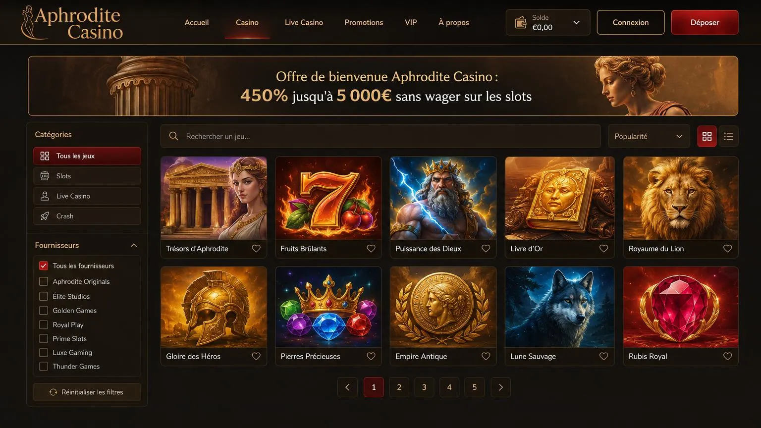 Bonus de bienvenue Aphrodite Casino – 450 % sans wager sur cinq dépôts