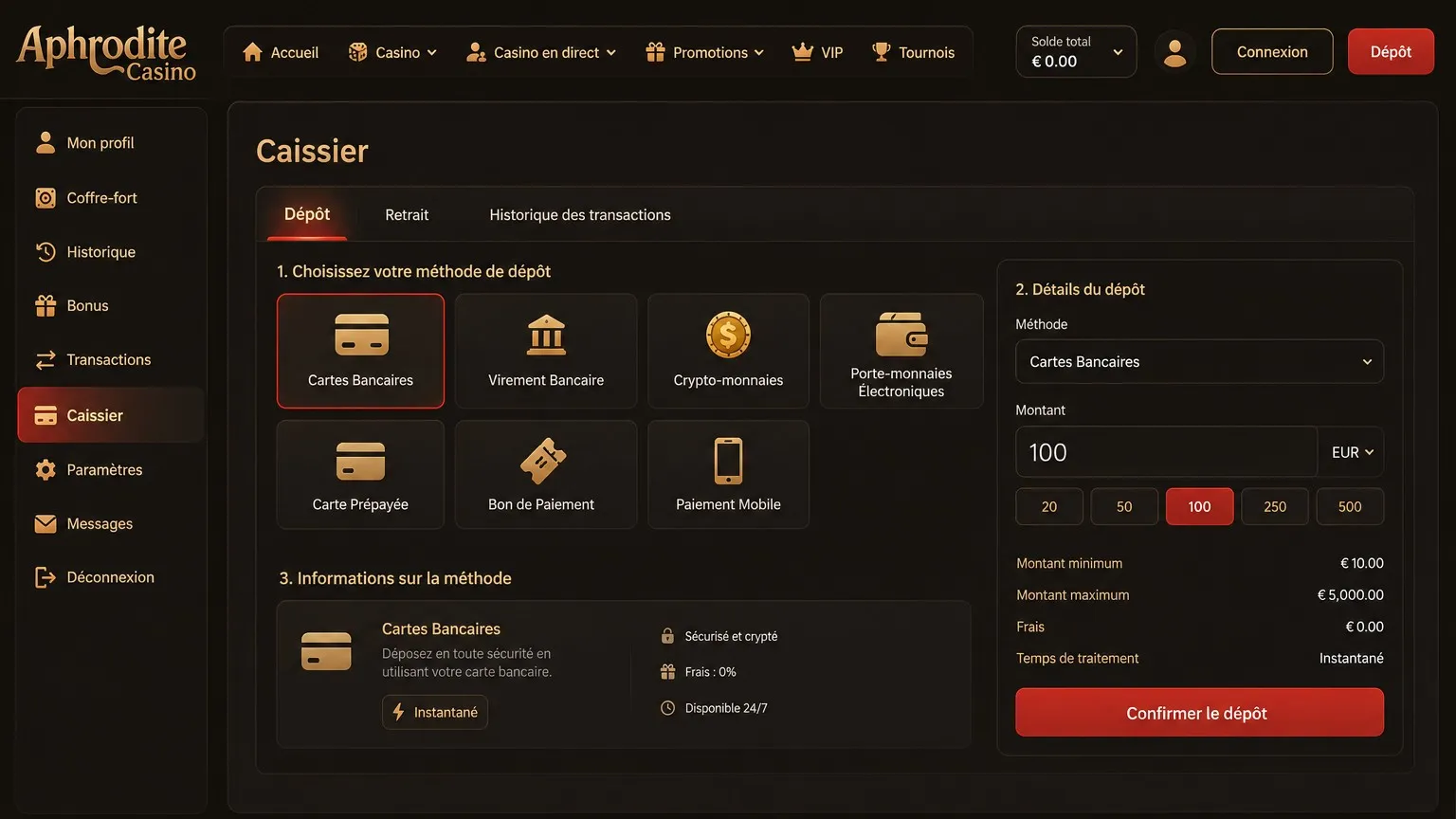Aphrodite Casino retrait – méthodes, délais et plafonds de paiement